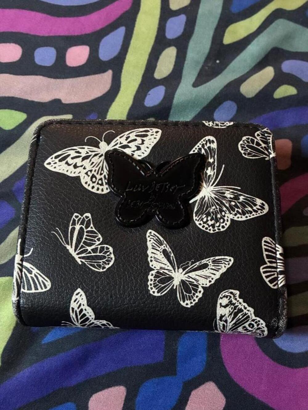 Black Wallet with White butterflies, black & white stripped cash pocket